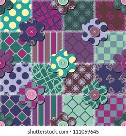 patchwork background with flowers and buttons