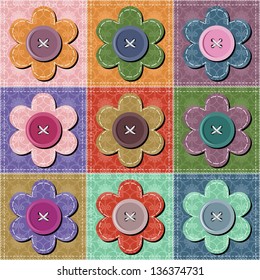 patchwork background with flowers and buttons