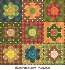 patchwork background with flowers and buttons
