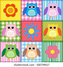 Patchwork background with owls and flowers