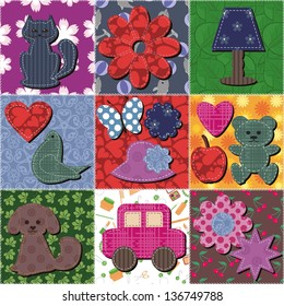 patchwork background with scrapbook objects