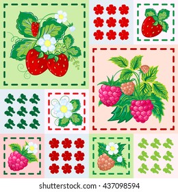 Patchwork background with strawberries and raspberries. Seamless vector pattern. Bright red green pink