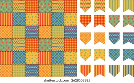 Patchwork festa junina padrão sem costura. Definir sinalizadores de os são joão
