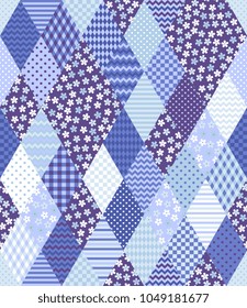 Patchwork in blue colors. Vector seamless pattern from rhombus patches  with geometric and floral ornaments. Vintage boho style.