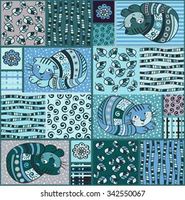 Patchwork. Blue seamless vector pattern with stylized cats.