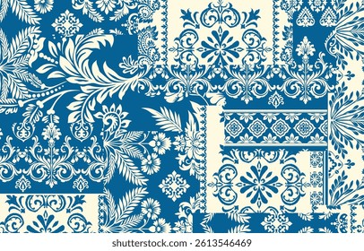 Patchwork boho paisley Floral Ikat pattern embroidery border. Ethnic ikat floral Ethnic Indian Pattern ikat pattern Ethnic Pattern. Border indian floral Aztec embroidery border seamless patterns 