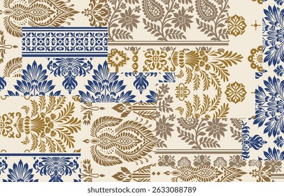 Patchwork boho paisley Floral Ikat pattern embroidery border. Ethnic ikat floral Ethnic Indian Pattern ikat pattern Ethnic Pattern. Border indian floral Aztec embroidery border seamless patterns 
