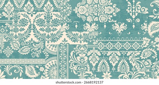 Patchwork boho paisley Floral Ikat patrón bordado borde. Patrón étnico ikat floral Patrón étnico indio Patrón étnico ikat. Frontera floral india bordado azteca patrones sin fisuras 