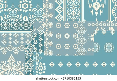Patchwork boho paisley Floral Ikat patrón bordado borde. Patrón étnico ikat floral Patrón étnico indio Patrón étnico ikat. Frontera floral india bordado azteca patrones sin fisuras 
