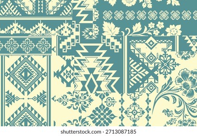 Patchwork boho paisley Floral Ikat patrón bordado borde. Patrón étnico ikat floral Patrón étnico indio Patrón étnico ikat. Frontera floral india bordado azteca patrones sin fisuras 