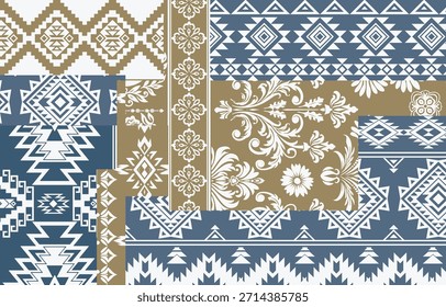 Patchwork boho paisley Floral Ikat patrón bordado borde. Patrón étnico ikat floral Patrón étnico indio Patrón étnico ikat. Frontera floral india bordado azteca patrones sin fisuras 