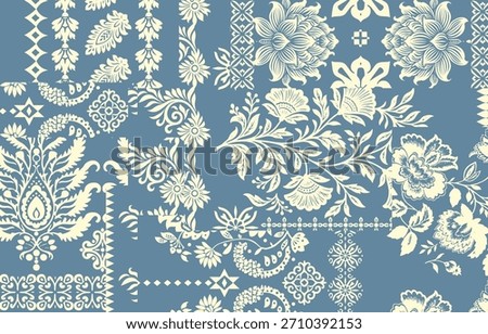 Patchwork boho paisley Floral Ikat pattern embroidery border. Ethnic ikat floral Ethnic Indian Pattern ikat pattern Ethnic Pattern. Border indian floral Aztec embroidery border seamless patterns 