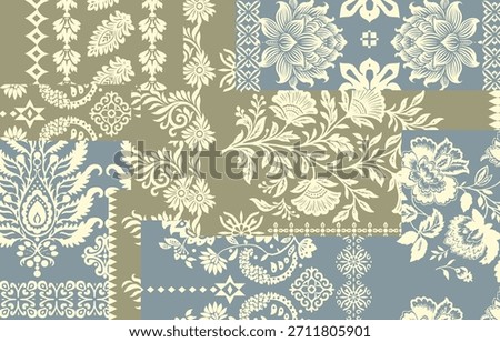 Patchwork boho paisley Floral Ikat pattern embroidery border. Ethnic ikat floral Ethnic Indian Pattern ikat pattern Ethnic Pattern. Border indian floral Aztec embroidery border seamless patterns 