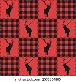 Patchwork buffalo plaid in red and black vector seamless pattern. Christmas checkered quilt, wallpaper, background with reindeer silhouettes.