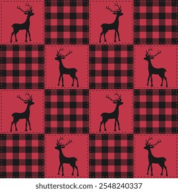 Patchwork buffalo plaid in red and black vector seamless pattern. Christmas checkered quilt, wallpaper, background with reindeer silhouettes.