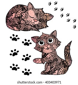 Patchwork cat. Vector illustration. Cute cat waving paw. Kitten asleep. Art cats.