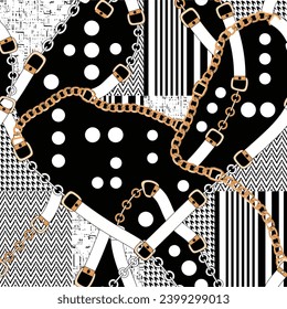 patchwork Chain  Polka Dot pattern on black background