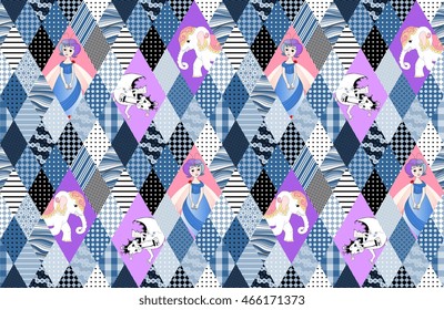 Patchwork for children. Vector seamless pattern with fairy, dragon, and elephant. Print for fabric.