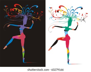 Patchwork colored silhouette of a woman with branches of flowers on head.