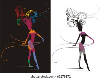 Patchwork colored silhouette of a woman with branches of flowers on head.