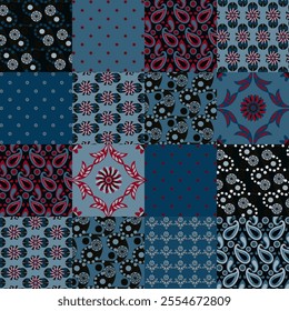 Patchwork colorful Background, abstract shapes, Flowers and Paisley. Decorative intricate quilting pattern, trendy geometric ornament. Vector