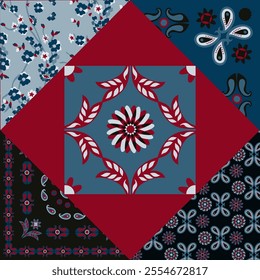 Patchwork colorful Background, abstract shapes, Flowers and Paisley. Decorative intricate quilting pattern, trendy geometric ornament. Vector