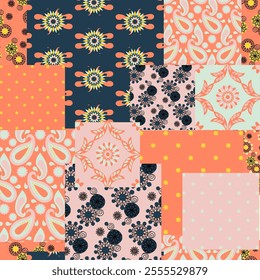 Patchwork colorful Background, abstract shapes, Flowers and Paisley. Decorative intricate quilting pattern, trendy geometric ornament. Vector