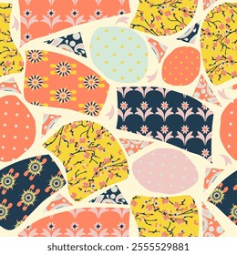 Patchwork colorful Background, abstract shapes, Flowers and Paisley. Decorative intricate quilting pattern, trendy geometric ornament. Vector