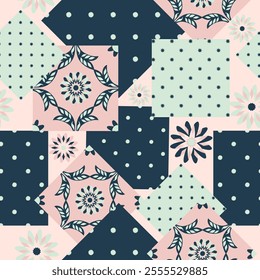 Patchwork colorful Background, abstract shapes, Flowers and Paisley. Decorative intricate quilting pattern, trendy geometric ornament. Vector