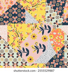 Patchwork colorful Background, abstract shapes, Flowers and Paisley. Decorative intricate quilting pattern, trendy geometric ornament. Vector