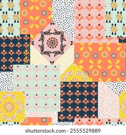 Patchwork colorful Background, abstract shapes, Flowers and Paisley. Decorative intricate quilting pattern, trendy geometric ornament. Vector