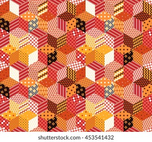 Patchwork. Colorful background with cubes and stars from patches. Seamless vector pattern.