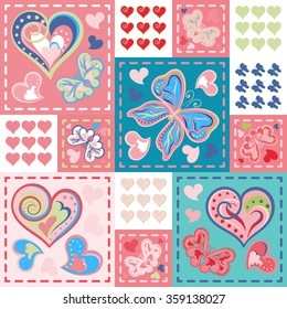 Patchwork colorful with hearts and butterfly. Seamless pattern. Scrapbooking series. Vector background.