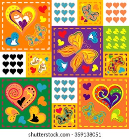 Patchwork colorful with hearts and butterfly. Seamless pattern. Scrapbooking series. Vector background.