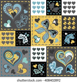 Patchwork colorful with hearts and butterfly. Seamless pattern. Golden glittering elements. Scrapbooking series. Vector background. Gold black white gray colors.