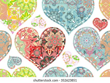 Patchwork colorful pastel hearts. Seamless pattern. Scrapbooking series. Vector background.