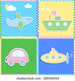 Patchwork of colorful transport toys. Vector background. Seamless pattern.