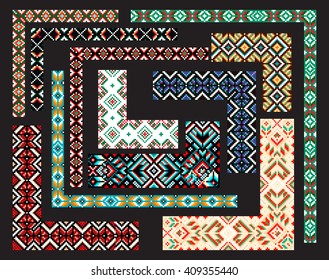 Patchwork corner, patchwork fabric for creativity, quilt, patchwork blanket. Trendy ethnic seamless pattern, embroidery cross, squares, diamonds, chevrons. Beads, bracelet, ribbon, lace, bead weaving.