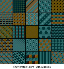 Patchwork in dark colors with square geometric patterns. Vector drawing.