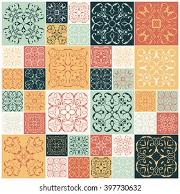Patchwork design. Colorful square tiles, floral ornaments. For wallpaper print, pattern fills, web background, surface textures    