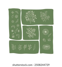 Patchwork design with various floral and botanical elements arranged in rectangular segments isolated on white background. Vector illustration
