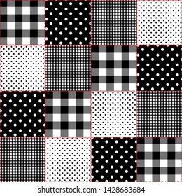 Patchwork of difference pattern polka dots,gingham check , with red stich seamless pattern in vector ,Design for fashion,fabric,web,wallpaper,wrapping and all prints on black and white mood
