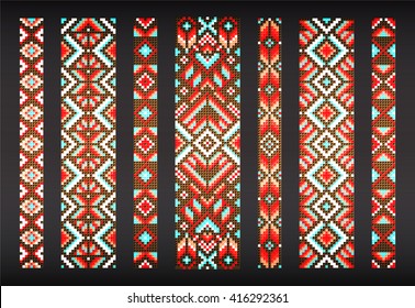 Patchwork fabric for creativity, trendy, ethnic seamless pattern, embroidery cross, squares, diamonds, chevrons. Beads, bracelet, ribbon, lace, bead weaving.