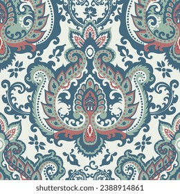 Patchwork floral design with damask technique. Motif with paisley for textile and decoration with flowers, buds and branches. Seamless pattern or print, background or wallpaper. Vector in flat style