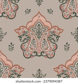 Patchwork floral design with paisley. Motif with damask technique for textile and decoration with flowers, buds and branches. Seamless pattern, wallpaper or background print. Vector in flat style