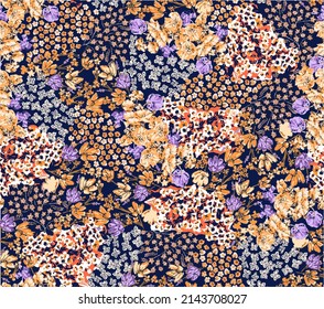 Patchwork with floral millefleurs pattern. Liberty floral background for fashion, tapestries, prints. Modern floral design perfect for fashion and decoration