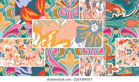 Blumenmuster mit Damast und indischen Motiven. gemischte Dämme mit floralem Flachdesign. Muster für Textil und Dekoration