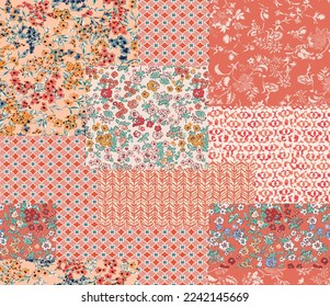 patchwork floral pattern with flower, geometric and handmade motifs. boho style pattern for textil and decoration