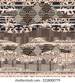 patchwork floral pattern with houndstooth fabric and indian flower motifs. damask style pattern for textil and decoration