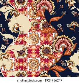 patchwork floral pattern with indian flower motifs. damask style pattern for textil and decoration